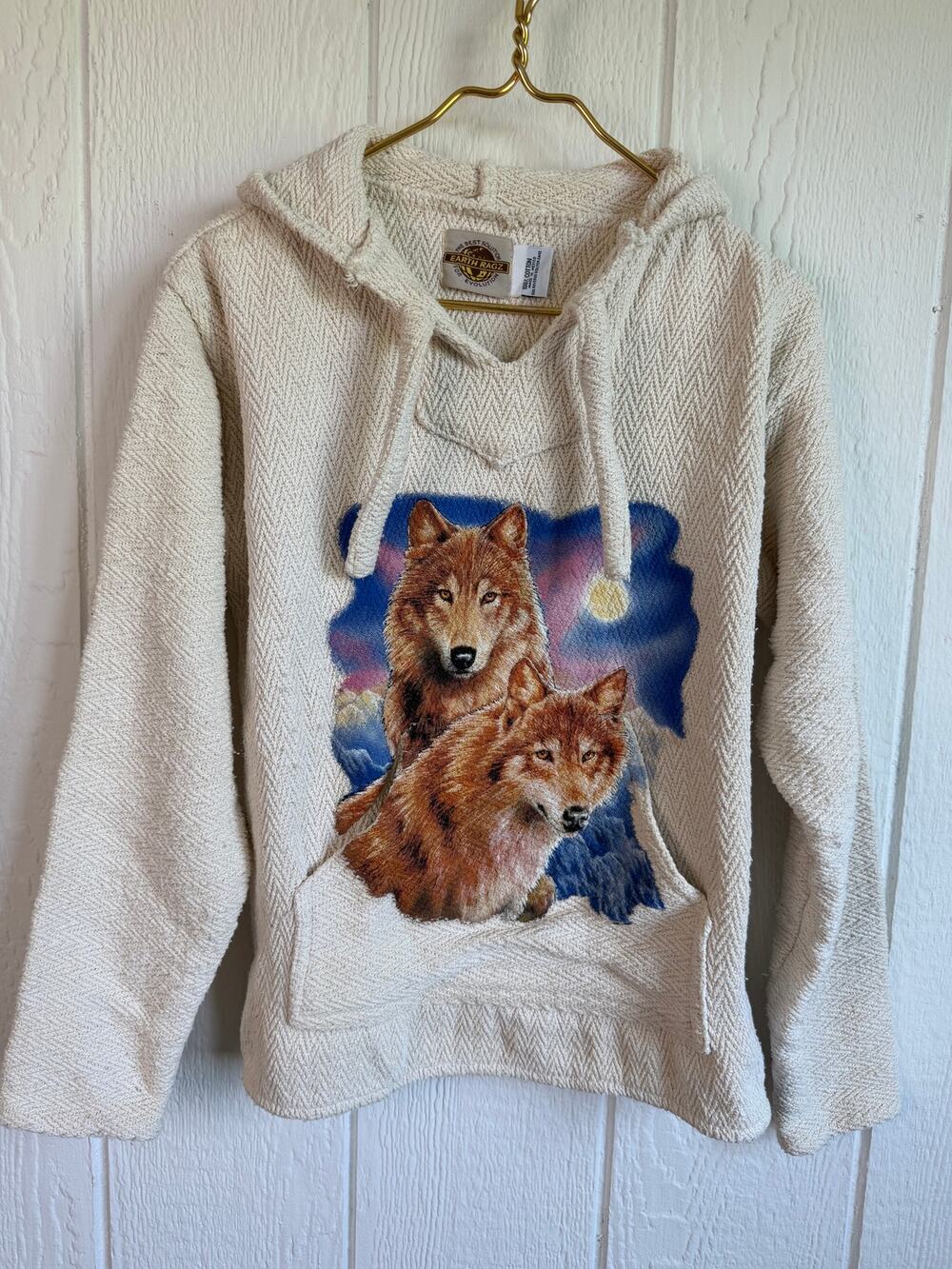 Vintage Earth Ragz Wolf Baja Hoodie 100% Cotton Drug Rug Wildlife Pullover
